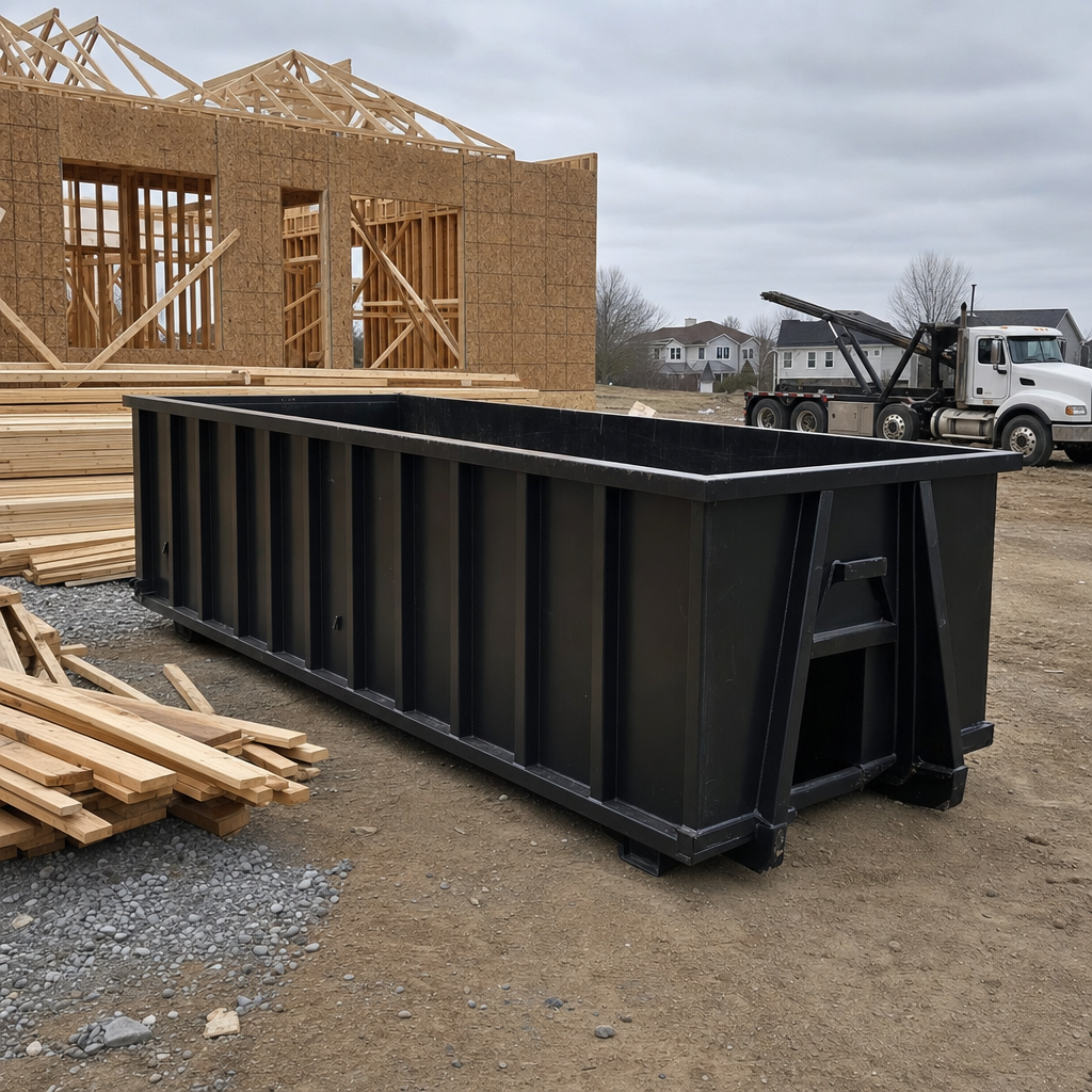 Matte-black 40-yard roll-off dumpster staged on a framed-out residential construction site in Boise, framing lumber stacked nearby, hooklift delivery truck visible in the background under bright Colorado daylight