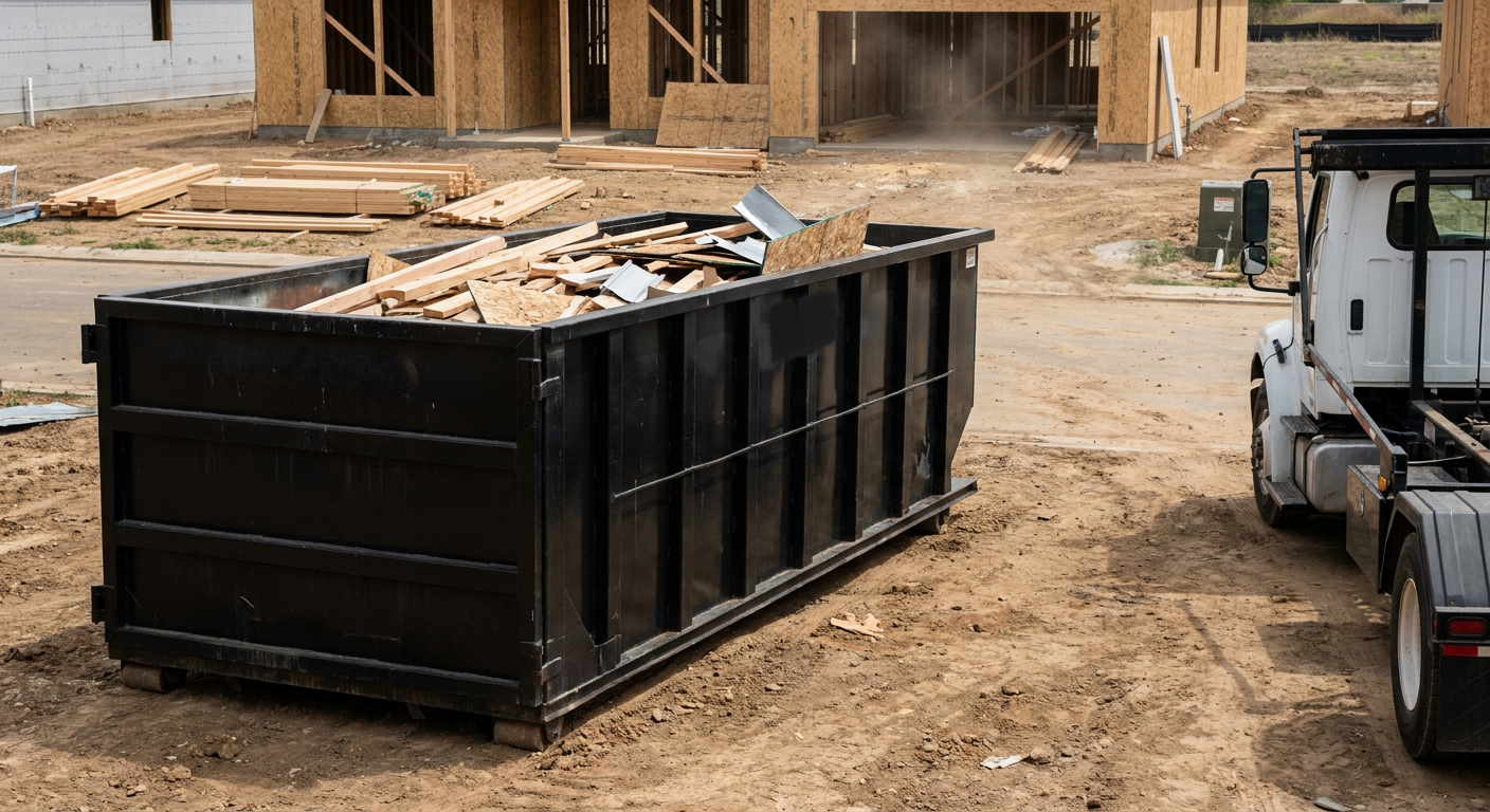 Matte-black 20-yard roll-off construction dumpster with heavy ribbed steel sidewalls and swing rear doors at a working jobsite in Boise, sitting directly on compacted dirt with an unmarked white hauler partially visible at the far edge of the frame.