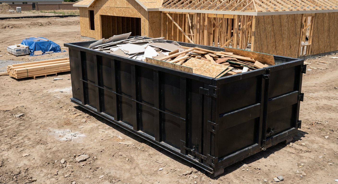 Matte-black 30-yard roll-off construction dumpster sitting directly on the compacted-dirt site of a framed single-family home build in Boise, drywall and lumber scrap loaded inside.