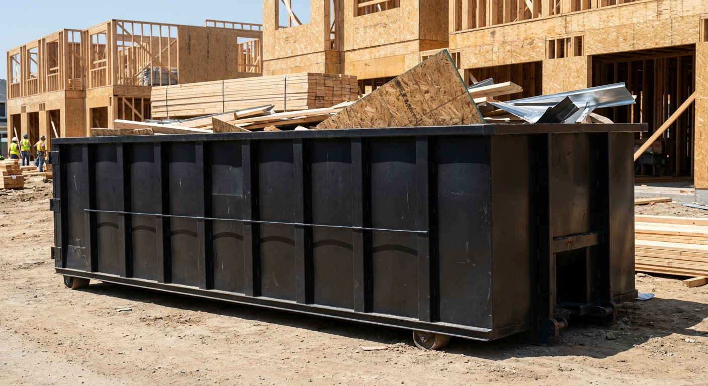 Matte-black 40-yard roll-off construction dumpster being lowered from a white-cab hooklift delivery truck onto the compacted-dirt jobsite at a commercial build site in Boise