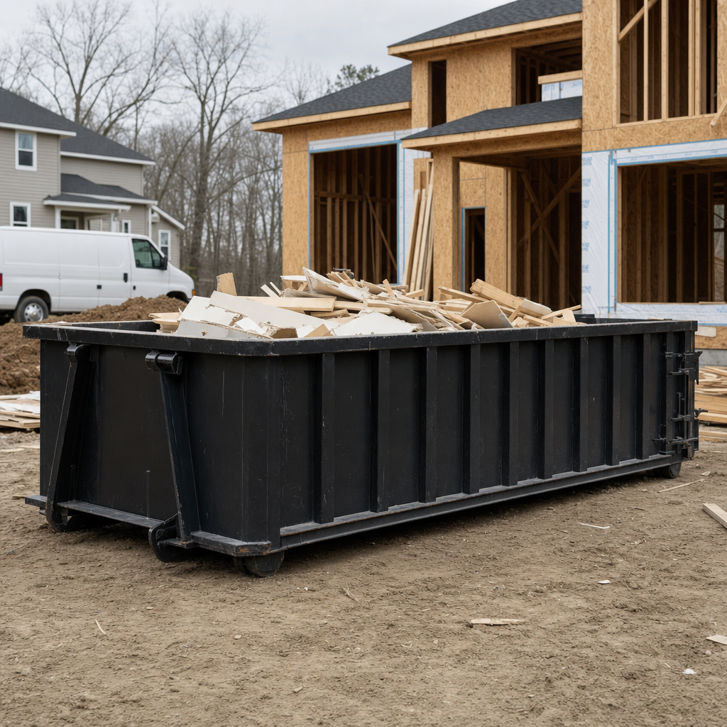 Worker in a yellow high-visibility vest tossing framing lumber and broken drywall into a matte-black 30-yard construction roll-off dumpster on an active build site in Boise, bright daylight