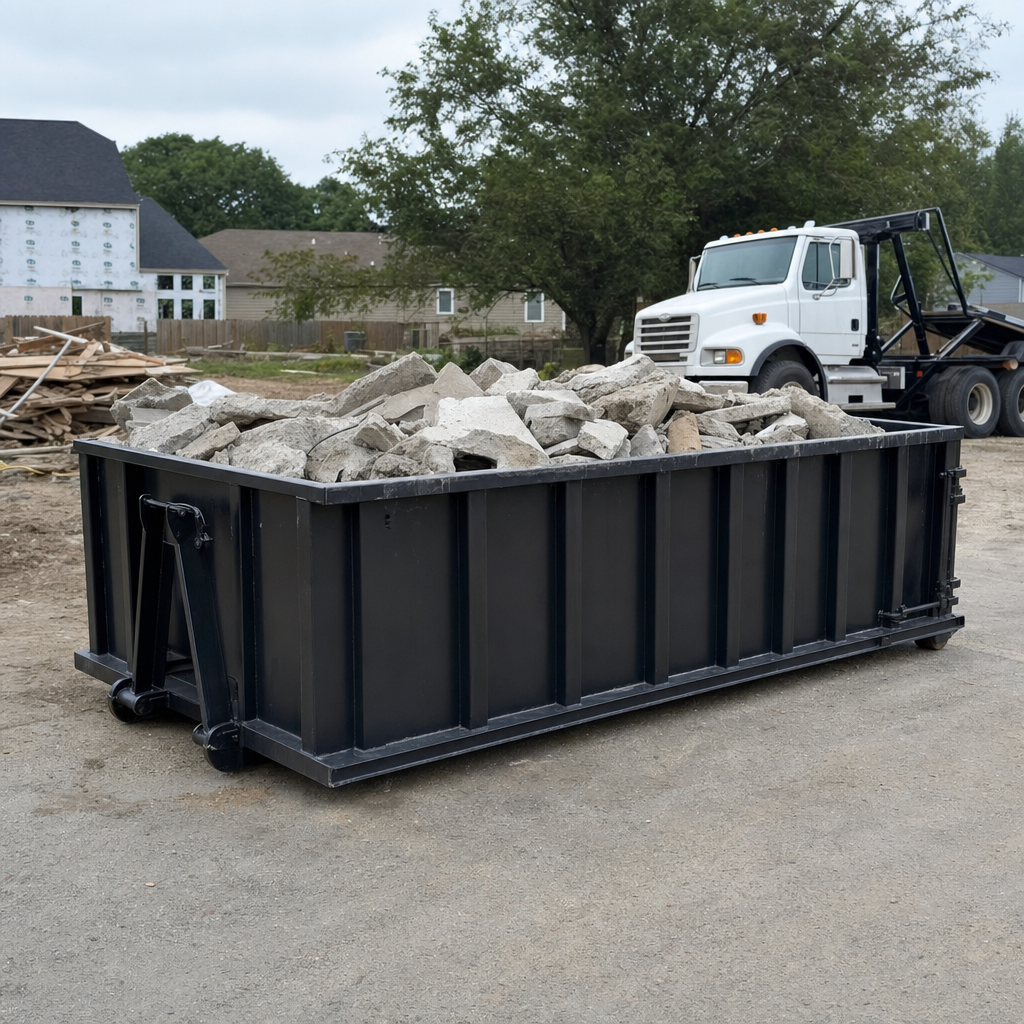 Low-profile matte-black lowboy roll-off dumpster loaded with broken concrete slab and rebar at a foundation tear-out in Boise, skid steer parked beside it, sunny Colorado morning