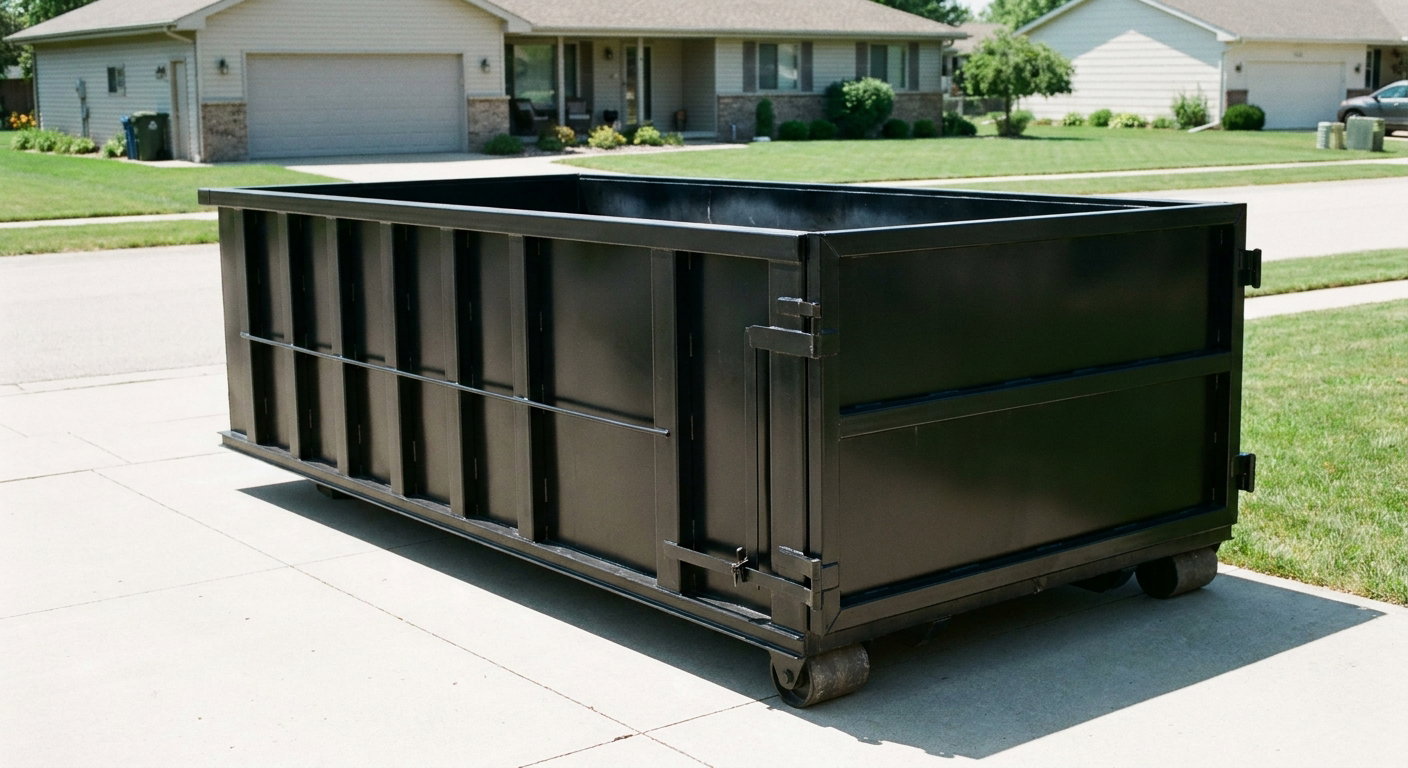 Matte-black 10-yard roll-off dumpster on a residential concrete driveway in Boise, uniformly painted matte black across every panel and rail, ribbed steel sidewalls and rear swing door visible, mid-day daylight.