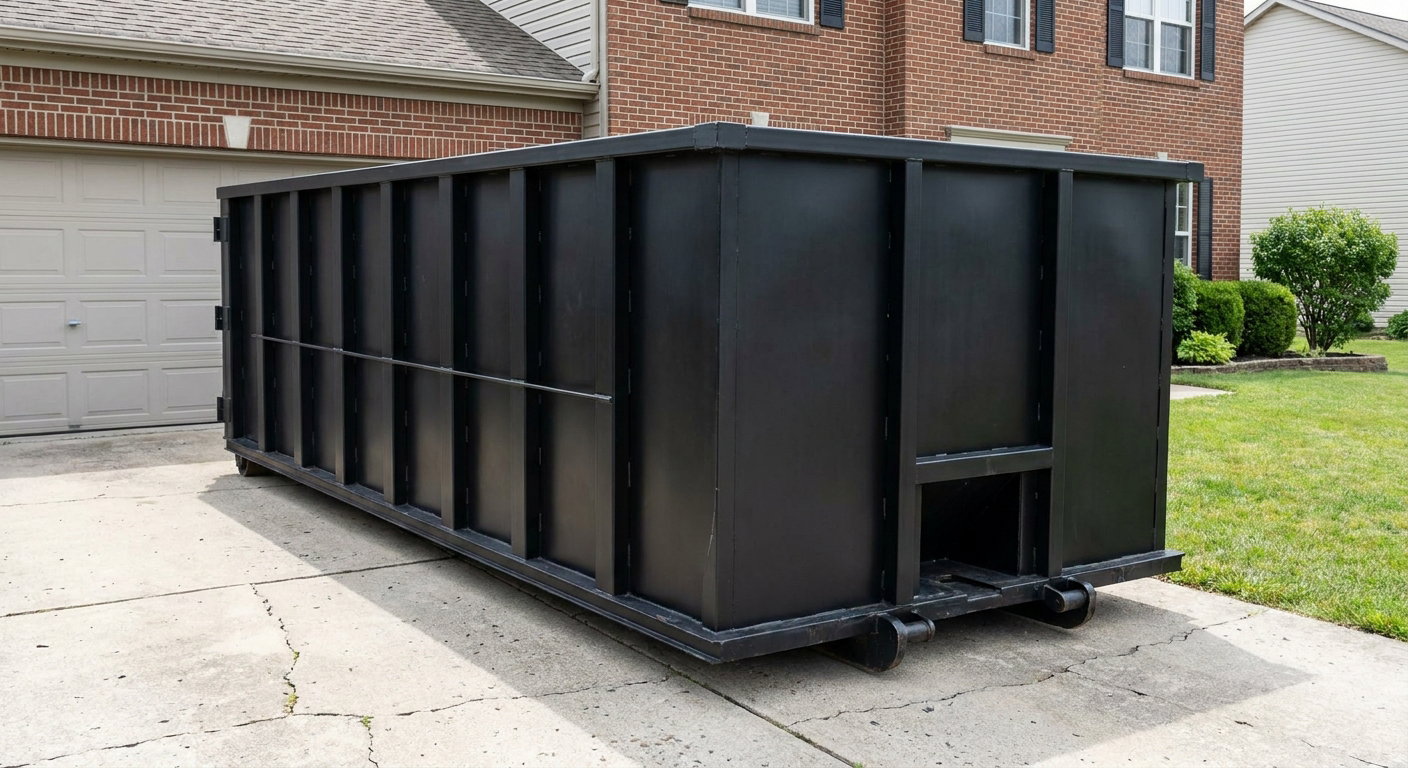 Matte-black 20-yard roll-off container on a Boise residential concrete driveway with reinforced ribbed steel sidewalls and a hinged rear walk-in door, clean bright daylight.