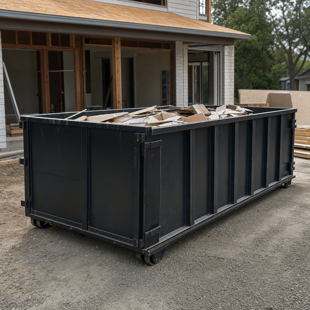 Large matte-black 30-yard construction roll-off dumpster at an active Boise jobsite, steel-gray top rails and bottom rollers visible, loaded with construction debris.