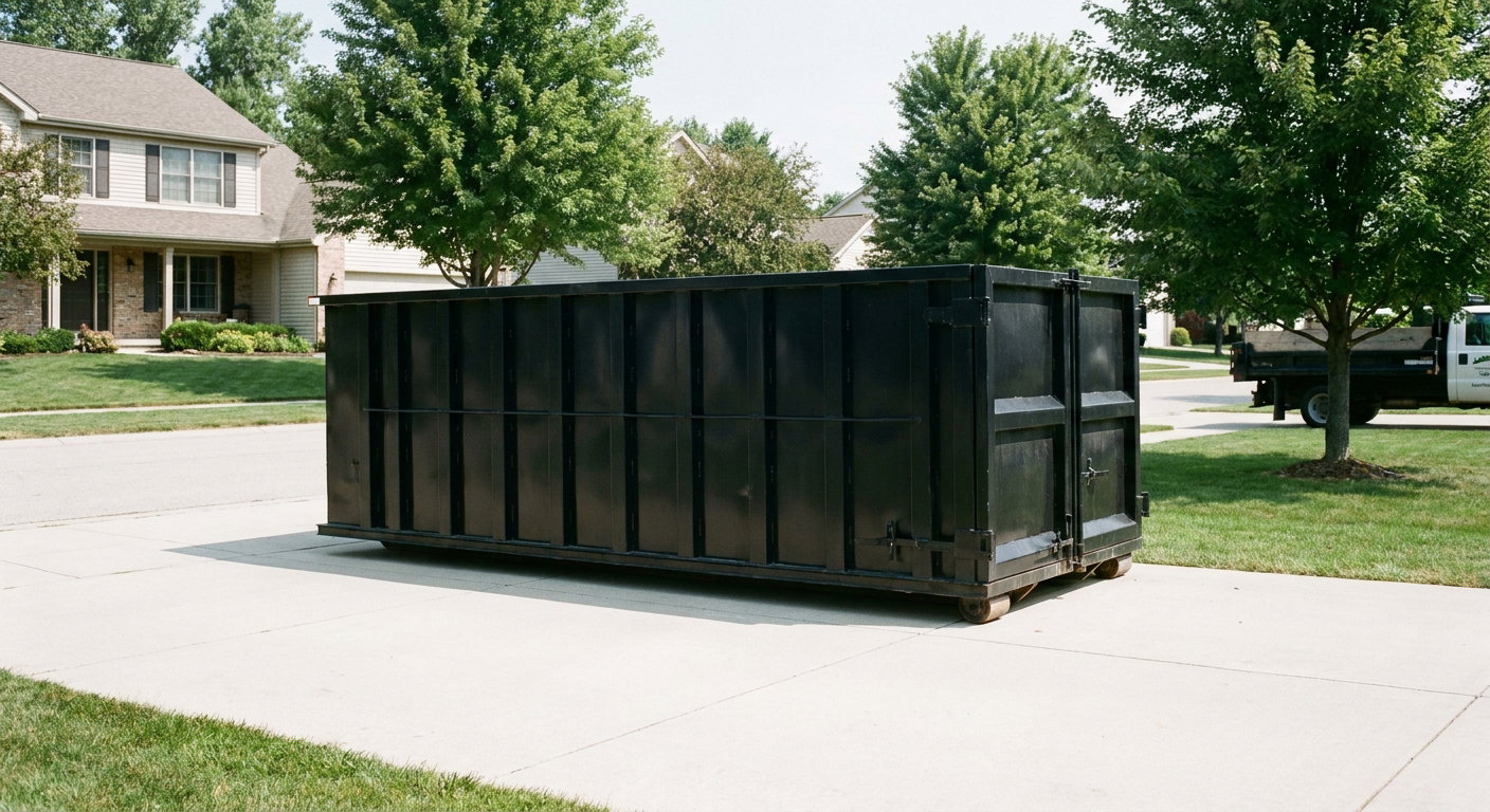Matte-black 20-yard roll-off dumpster sitting level on a clean Boise residential concrete driveway under bright daylight, demonstrating clean placement directly on the concrete.