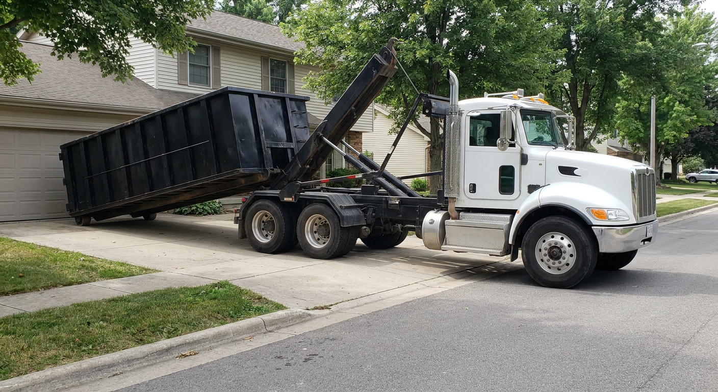 White-cab hooklift roll-off truck actively lowering a matte-black dumpster onto a Boise residential concrete driveway, the dumpster's rear wheels touching the driveway as the hoist arm tilts the bed forward, mid-morning daylight.