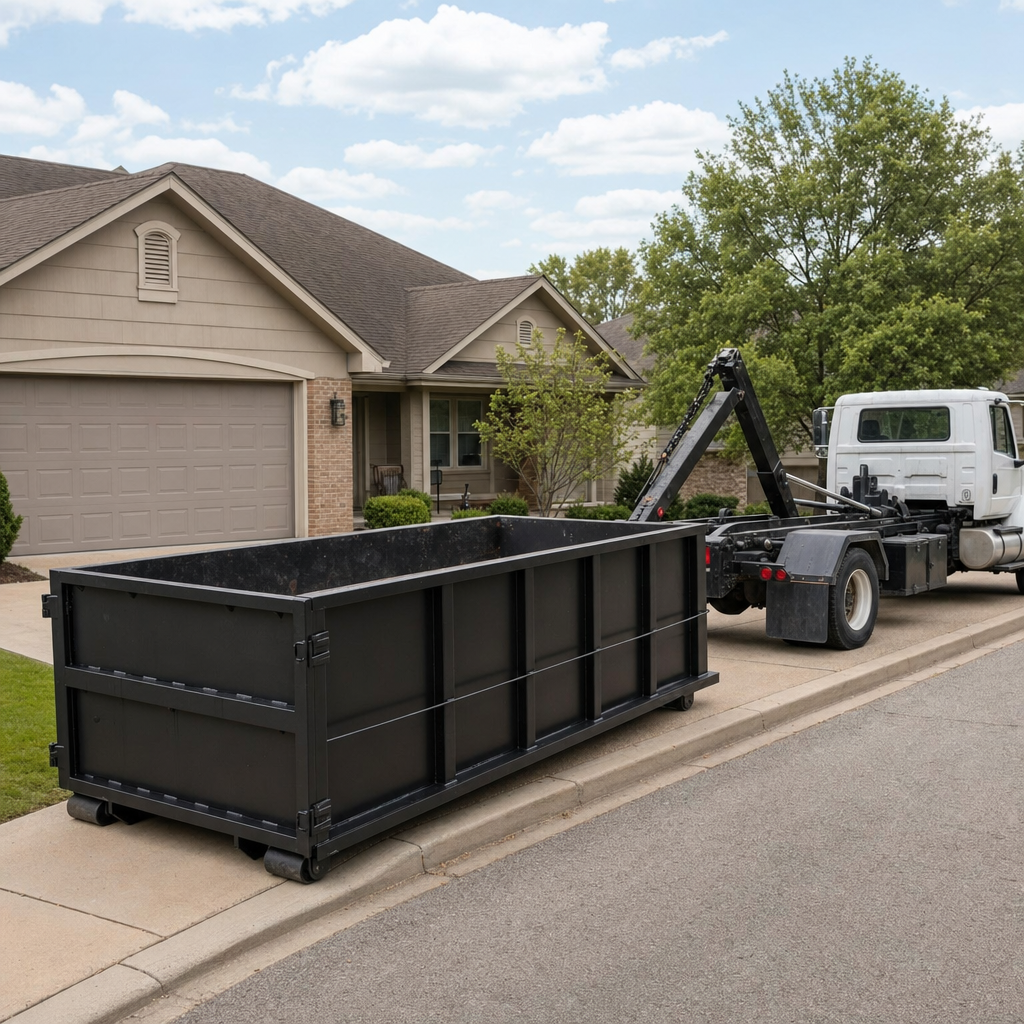 Wide documentary shot of a matte-black roll-off dumpster on a Boise residential driveway in the foreground and a contractor jobsite container in the soft-focus background, bright daylight, calm and orderly composition.
