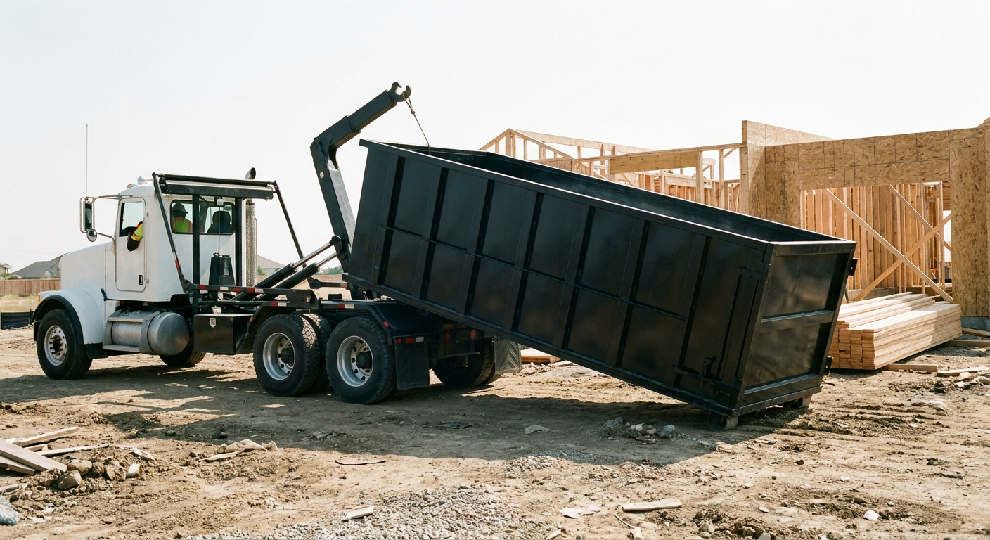 Matte-black roll-off dumpster being delivered onto a clean residential concrete driveway in Boise by an unmarked white hooklift hauler truck, bright morning daylight, documentary 35mm perspective.