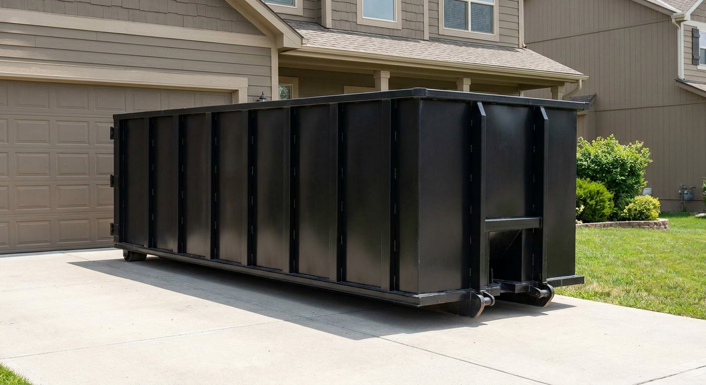 Matte-black residential roll-off dumpster sitting directly on a suburban Boise concrete driveway, garage door closed, single-family home in background, bright morning daylight.