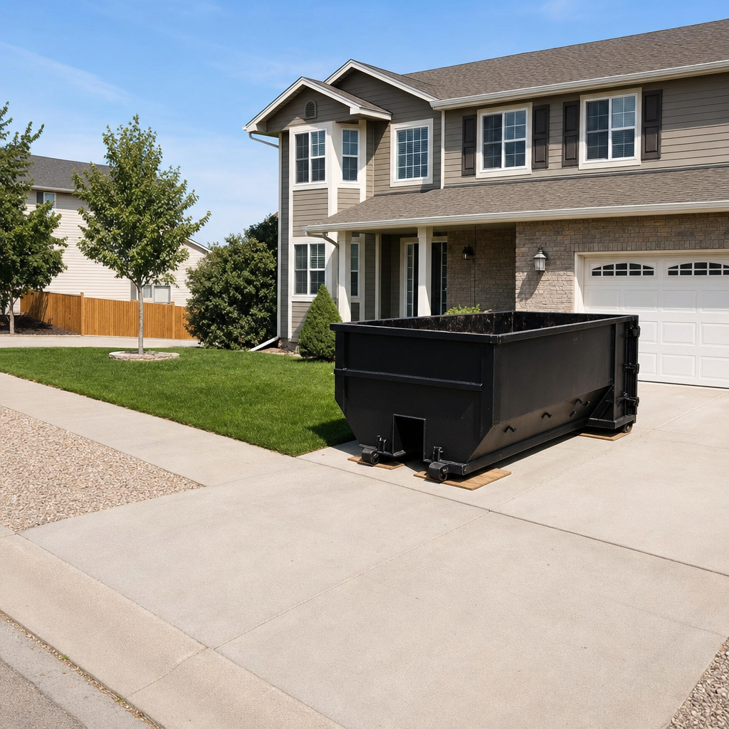 10-yard matte-black residential dumpster placed directly on a narrow Boise concrete driveway, room remains for a parked sedan beside it, mid-morning natural light