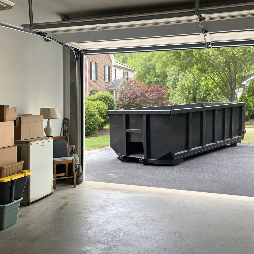 Open garage interior in a Boise home mid-cleanout — boxed items, an old appliance, and stacked yard tools queued near the driveway for a matte-black roll-off dumpster, organized and calm