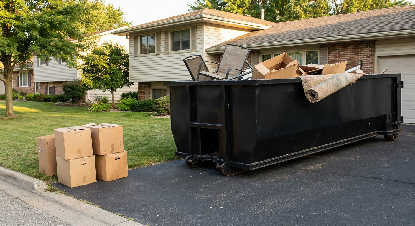 Front-yard view of a Boise split-level home with a 20-yard matte-black roll-off dumpster sitting directly on the asphalt driveway, a few clearly labeled donation boxes staged at the curb, calm sunny afternoon.