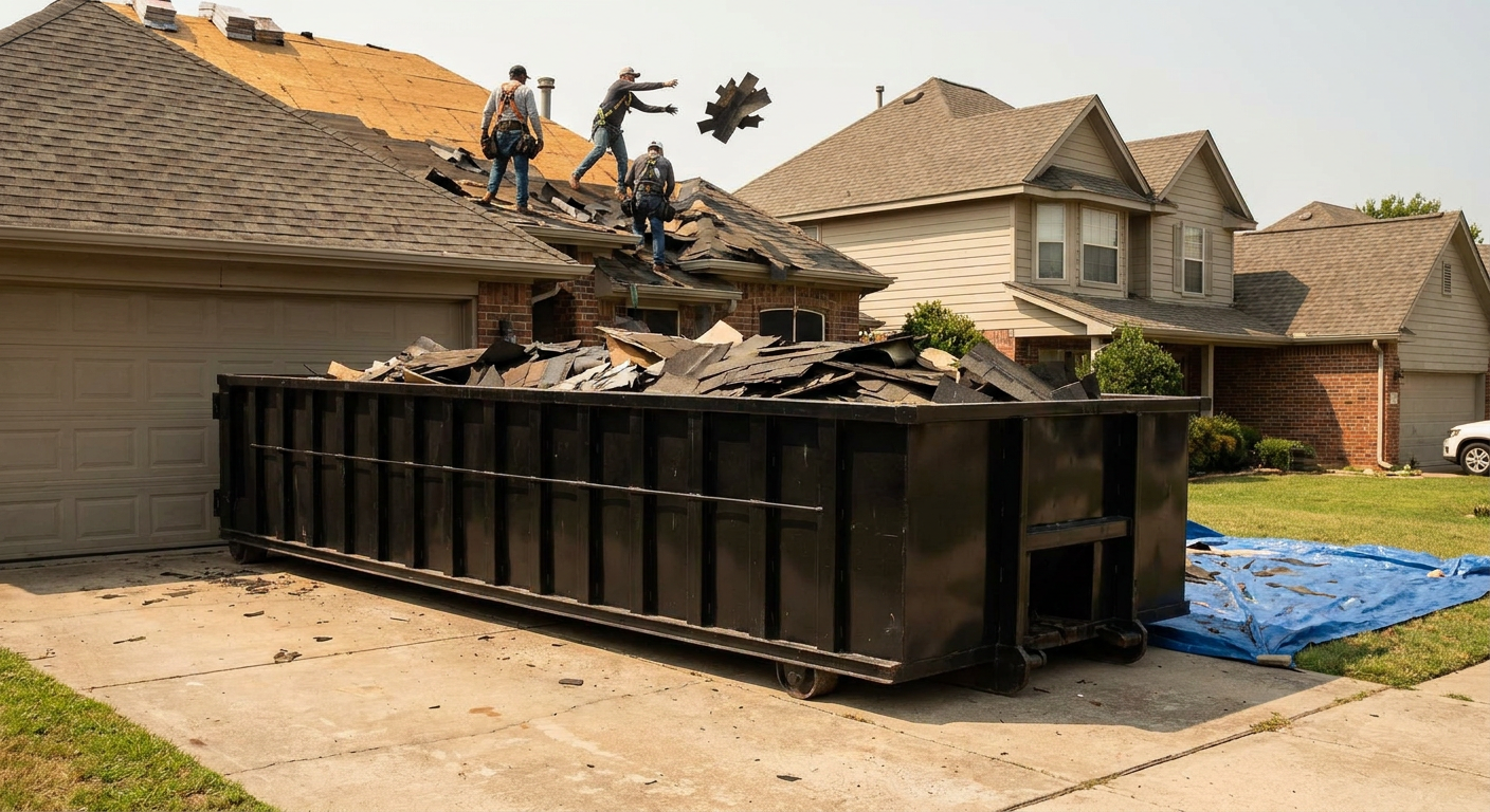 Matte-black roofing roll-off dumpster placed directly on a Boise residential concrete driveway, a tear-off crew on a two-story asphalt-shingle roof tossing shingle bundles into the low-walled container, bright daylight, documentary 35mm perspective.