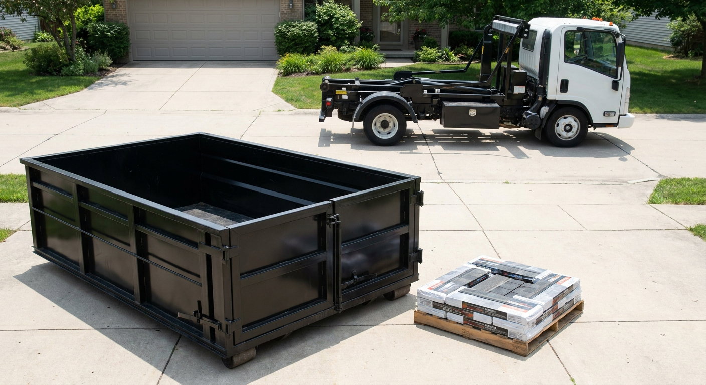 Matte-black 15-yard roofing roll-off dumpster with reinforced low side walls sitting directly on a Boise residential concrete driveway, three-tab asphalt shingle bundles stacked nearby, an unmarked white hauler truck partially visible at the edge of the frame.