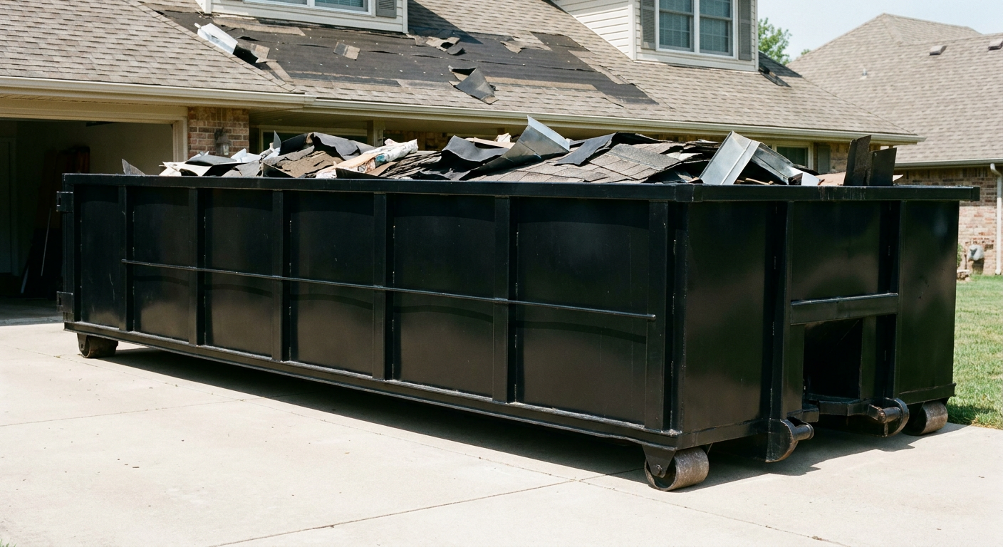 Matte-black 20-yard roofing roll-off dumpster with steel ribbed sides and swinging rear door, sitting directly on the concrete driveway of a two-story Boise home, asphalt shingle debris being loaded over the low wall, clean documentary lighting.