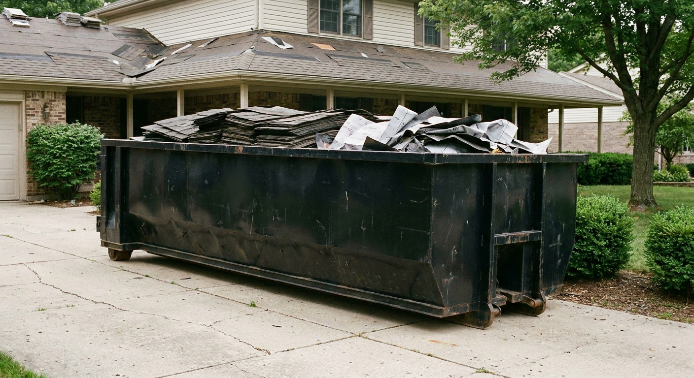Matte-black 30-yard roofing roll-off dumpster sitting directly on a Boise concrete driveway, taller ribbed steel side panels, mixed tear-off debris of asphalt shingles and underlayment inside, professional documentary daylight.