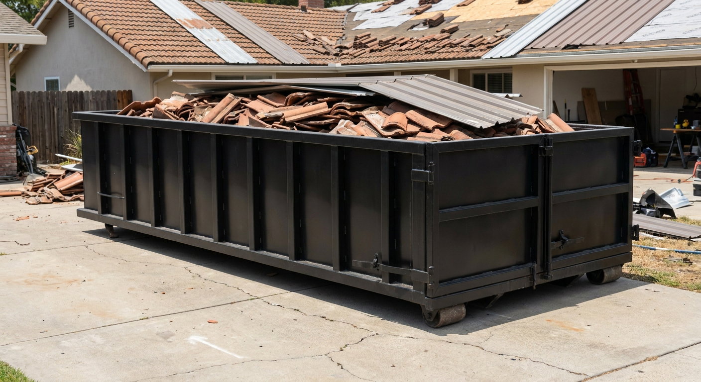 Matte-black low-wall heavy-debris roofing roll-off dumpster sitting directly on a Boise concrete driveway, broken concrete clay roof tiles and metal panel sections loaded inside, reinforced ribbed steel side walls visible, bright outdoor daylight.