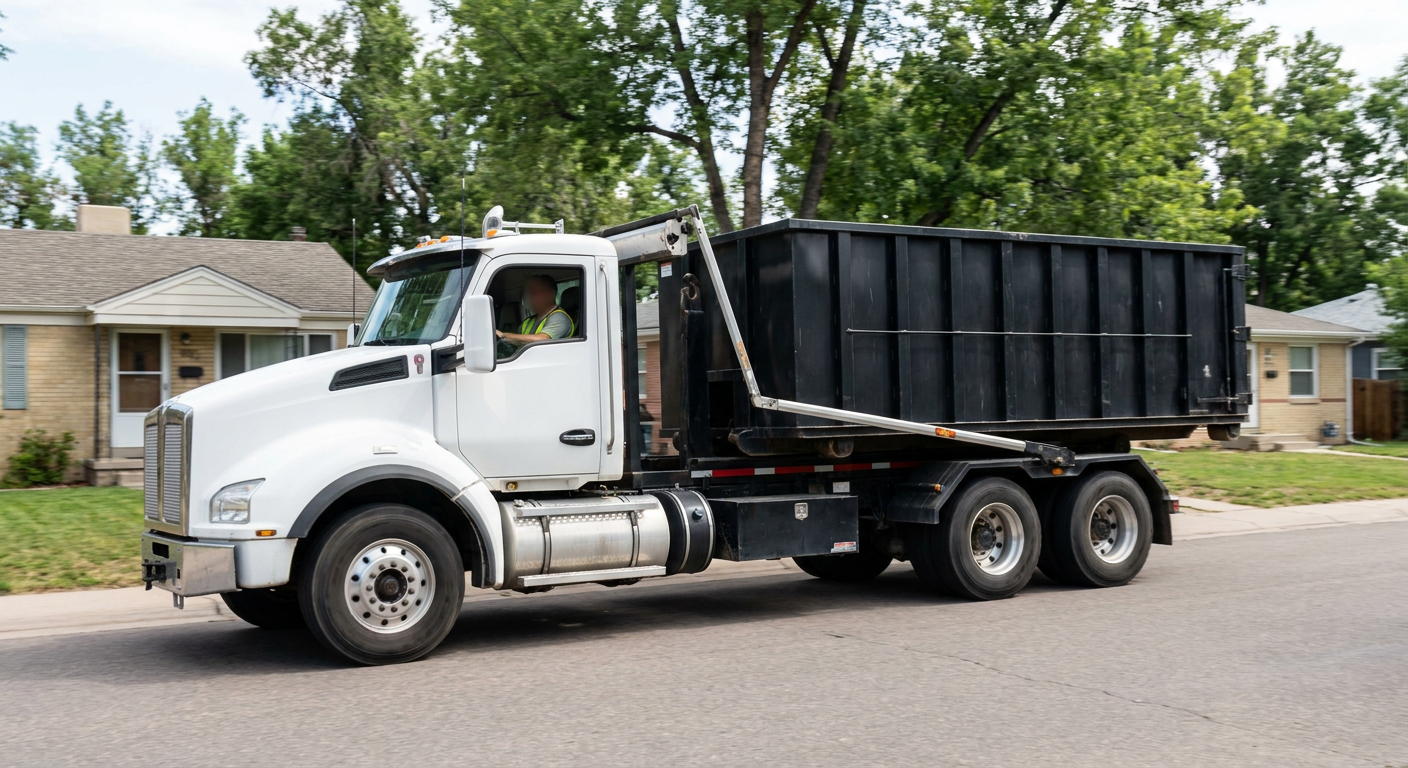 A wide documentary shot of a matte-black roll-off delivery truck pulling onto a quiet Boise residential street at mid-morning, with neighborhood rooftops and tree-lined blocks visible behind, showing the metro coverage footprint.