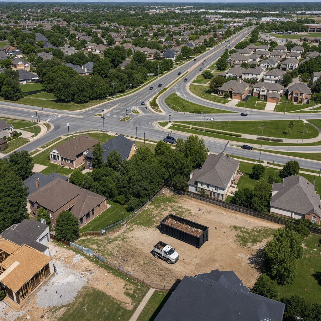 An overhead documentary view of the Boise metro area at midday, showing the spread of neighborhoods, arterial roads, and the dispatch radius from a central yard — clean daylight, organized geographic layout.