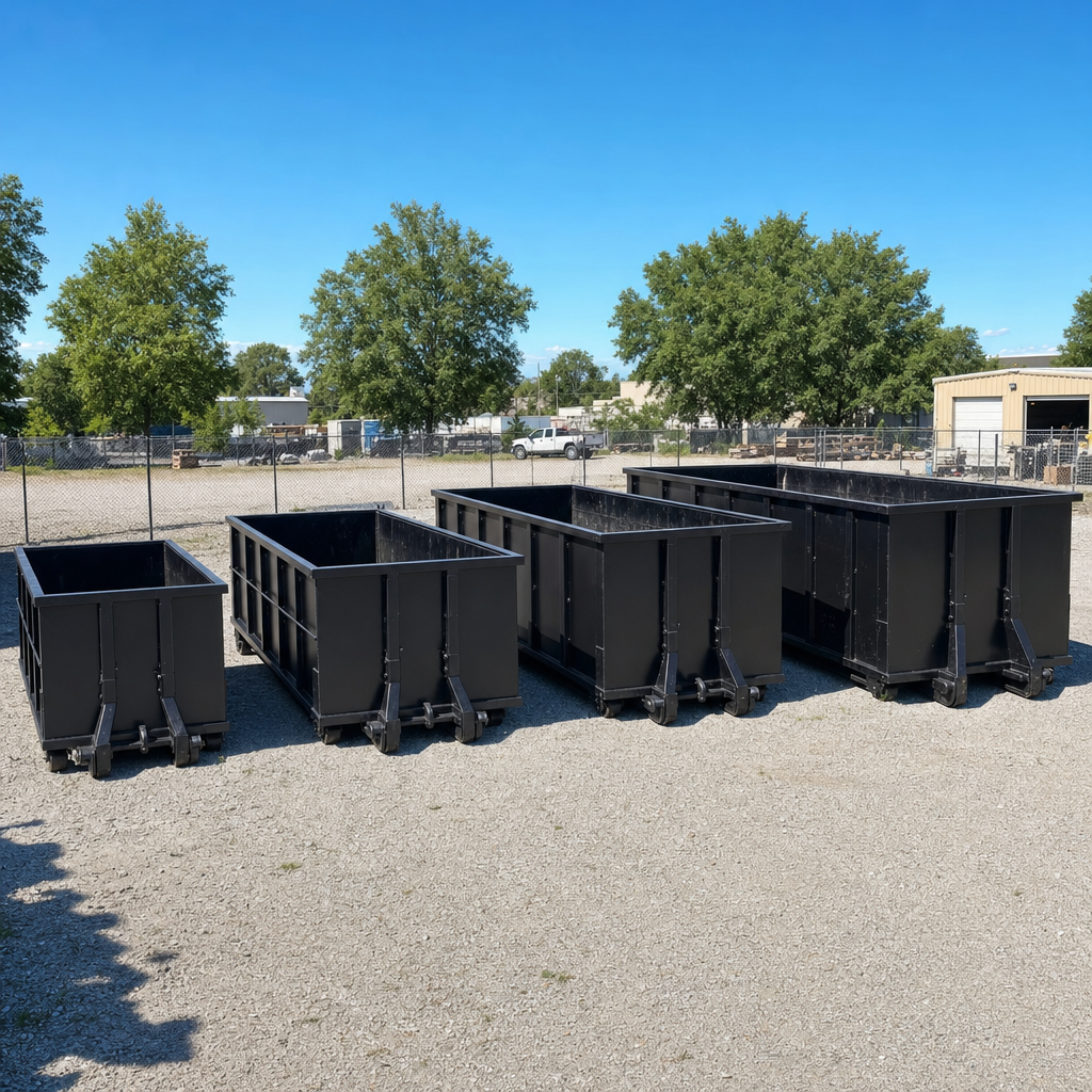 A clean lineup of matte-black roll-off dumpsters in 10, 20, 30, and 40-yard sizes staged on a sunlit gravel yard in Boise, showing the size progression from compact to commercial-scale containers.
