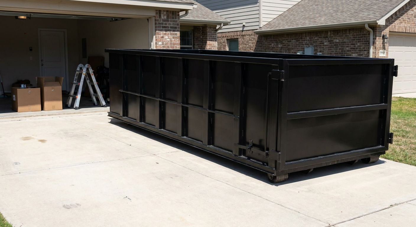 A matte-black 10-yard roll-off dumpster sitting directly on a residential Boise concrete driveway, mid-day sunlight, clean and ready for a garage cleanout.