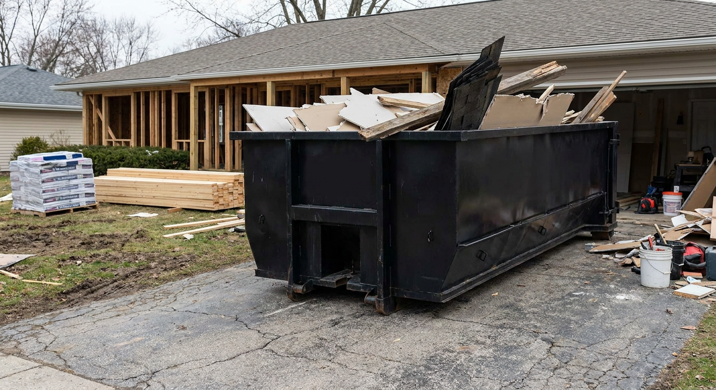 A matte-black 20-yard roll-off dumpster placed alongside a mid-renovation Boise home directly on the asphalt driveway, with framing materials and torn-off shingles staged neatly nearby.