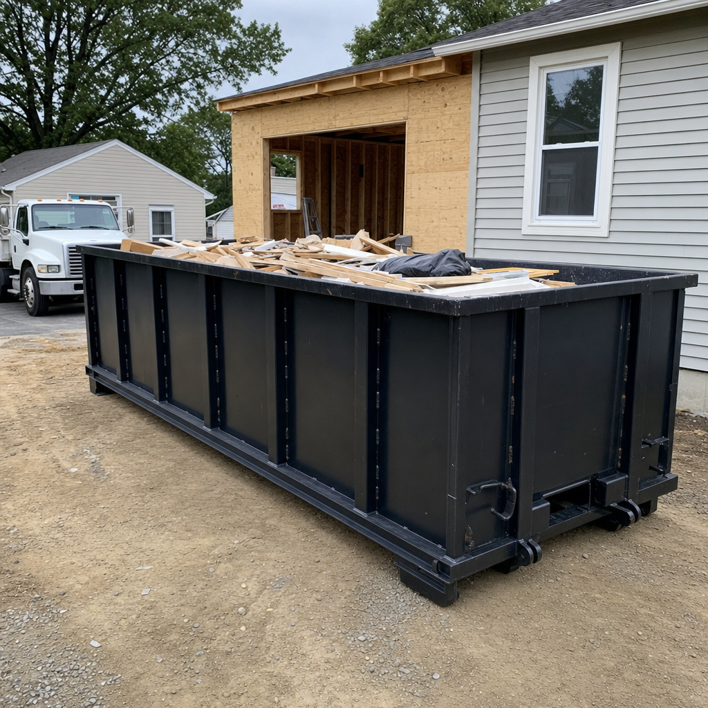 A matte-black 30-yard roll-off dumpster positioned at a Boise residential addition jobsite, with framing lumber and drywall scraps loaded through the open swinging rear doors.