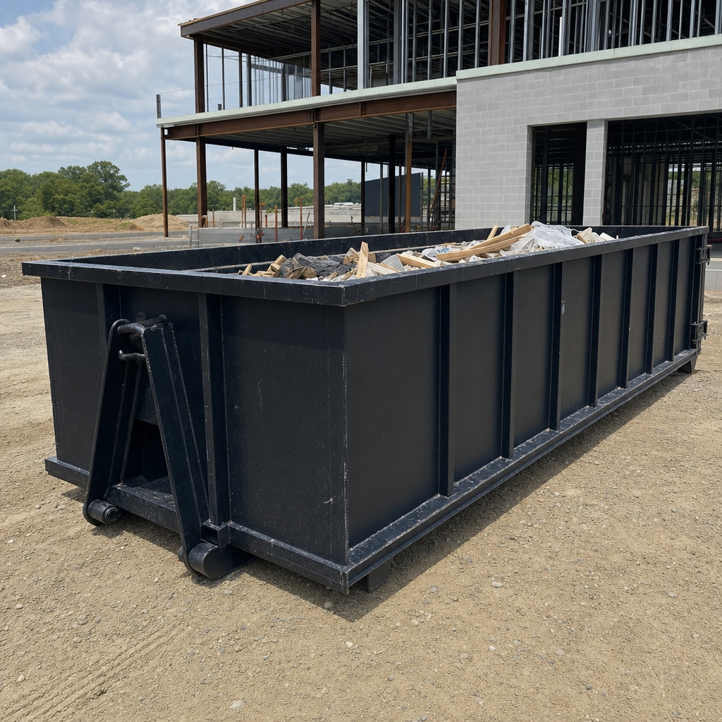 A matte-black 40-yard roll-off dumpster staged on a large Boise commercial construction lot, with a hooklift delivery truck parked alongside under bright midday sky.