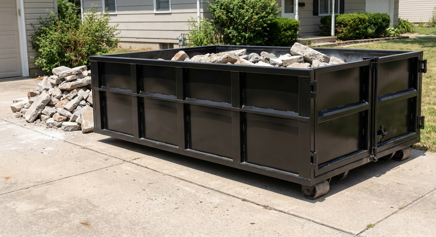 A matte-black low-side heavy-debris roll-off dumpster placed directly on a Boise concrete driveway, with broken concrete chunks neatly stacked beside it under clean daylight.
